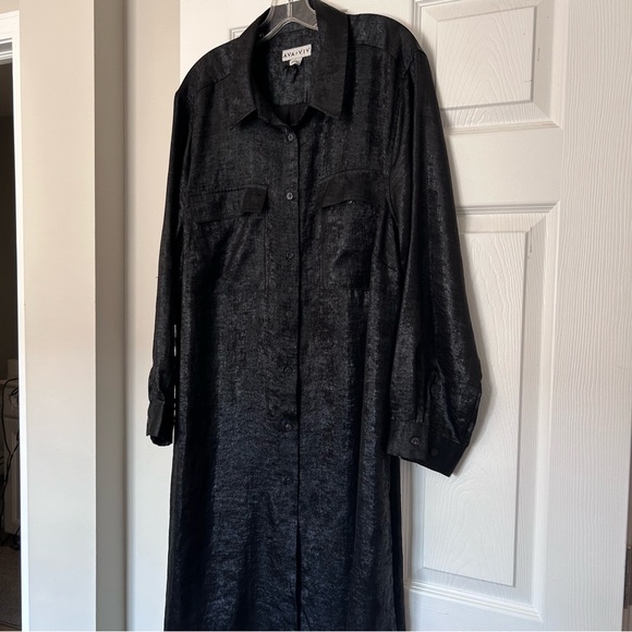 ❤️MAKE OFFER❤️ Shiny Black Long Sleeve Shirt Dress Maxi Tunic Plus Ava Viv 1X - Picture 2 of 9